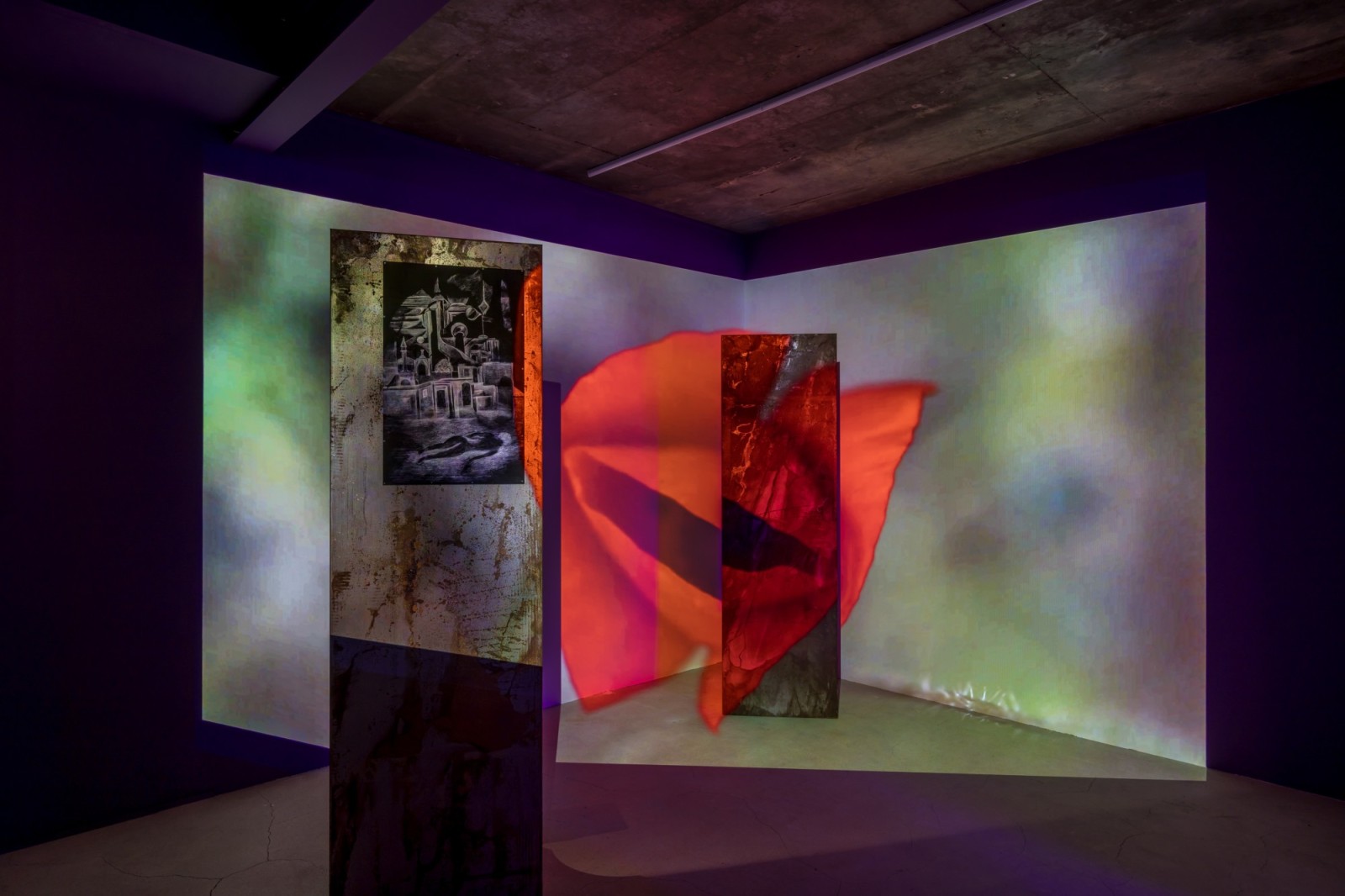 Installation view of Basel Abbas & Ruanne Abou-Rahme: Until We Became Fire and Fire Us, 2026, Nuhwa Contemporary, Seoul, Korea. Photograph by Jeon Byung Cheol.